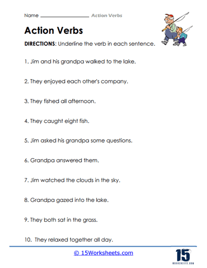 Identifying Action Verbs worksheet page 24 for third grade grammar practice Third Grade grammar worksheet focusing on identifying action verbs and understanding active versus passive forms