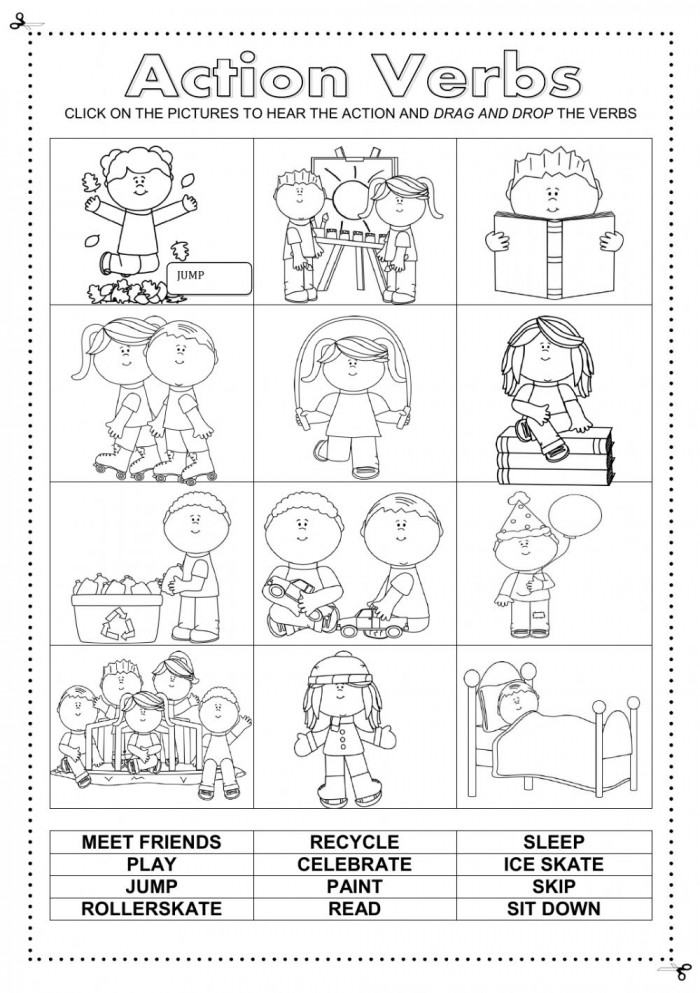 Grammar exercise page focusing on active and passive verbs for third graders, image 13 Third grade students practicing action verbs on an Identifying Action Verbs worksheet