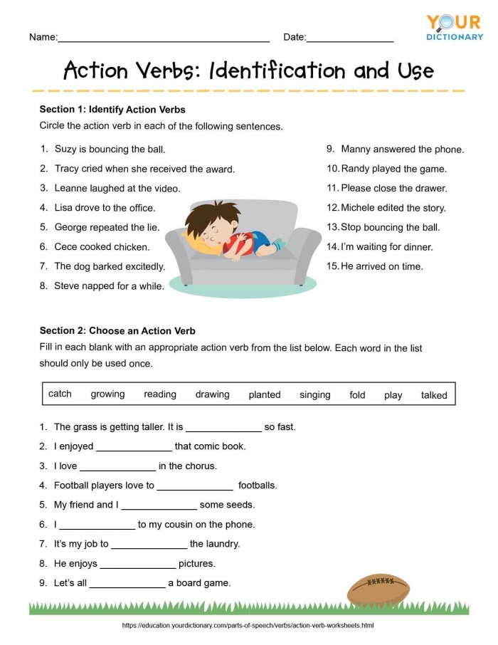 Grammar and Mechanics exercise to distinguish active and passive verbs, image 19 Third grade worksheet focused on spotting action verbs in sentences