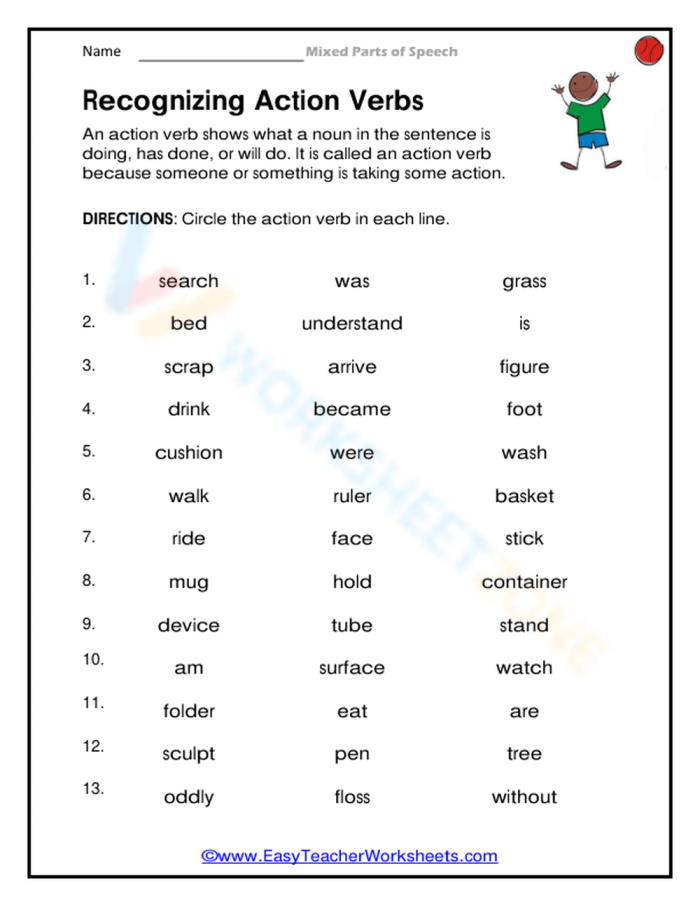 Identifying Action Verbs worksheet number 20 for learning active and passive verbs Third Grade worksheet on spotting action verbs in sentences for grammar practice
