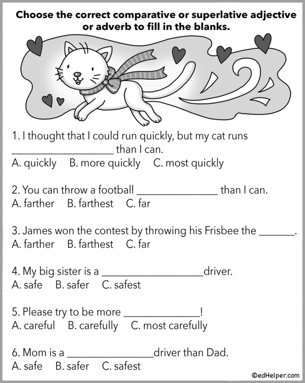 Challenge worksheet for writing comparative and superlative adjectives in third grade classroom Third grade worksheet focused on practicing comparative and superlative adjectives in a fun challenge