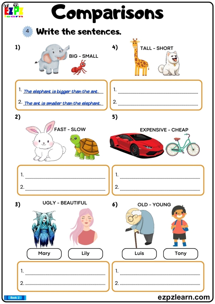 More Comparative and Superlative Adjectives Grammar Practice Activity for Elementary Students Third grade students completing comparative and superlative adjectives practice exercises on a grammar worksheet