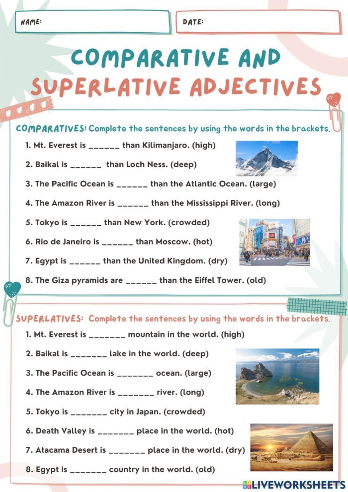 Challenge worksheet for writing comparative and superlative adjectives, image 21 Third grade students completing a worksheet on comparative and superlative adjectives
