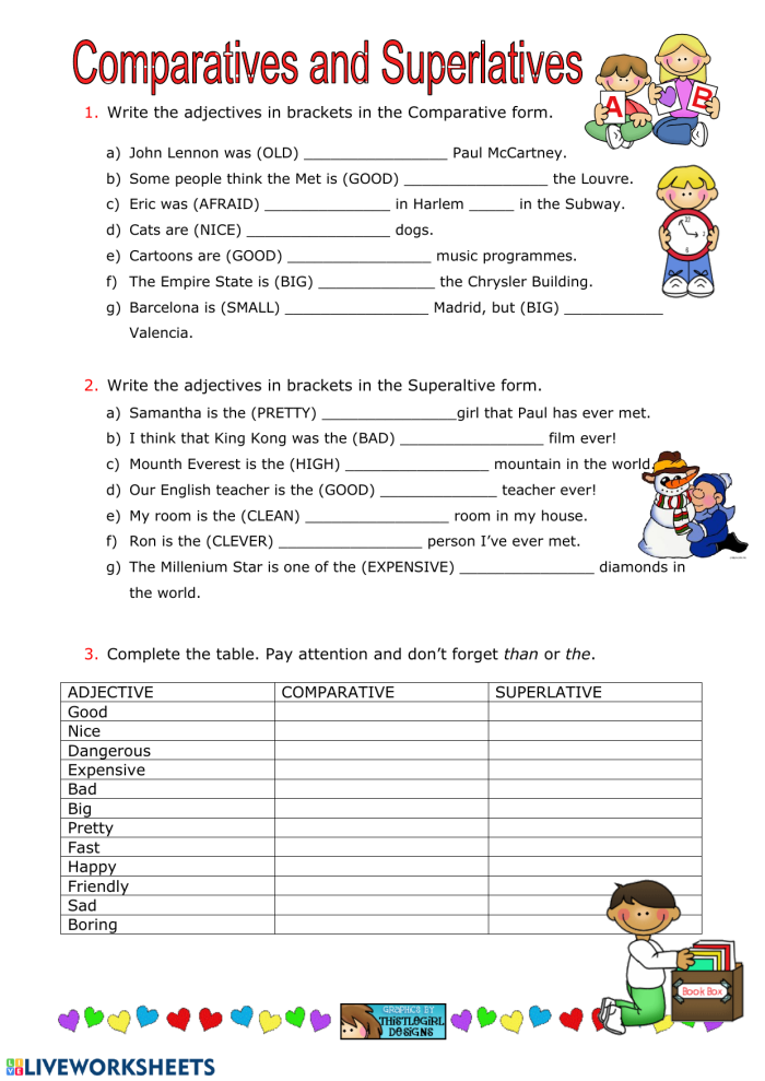 Practice worksheet for third graders on comparative and superlative adjectives challenge number 9 Third grade worksheet focused on writing comparative and superlative adjectives challenge