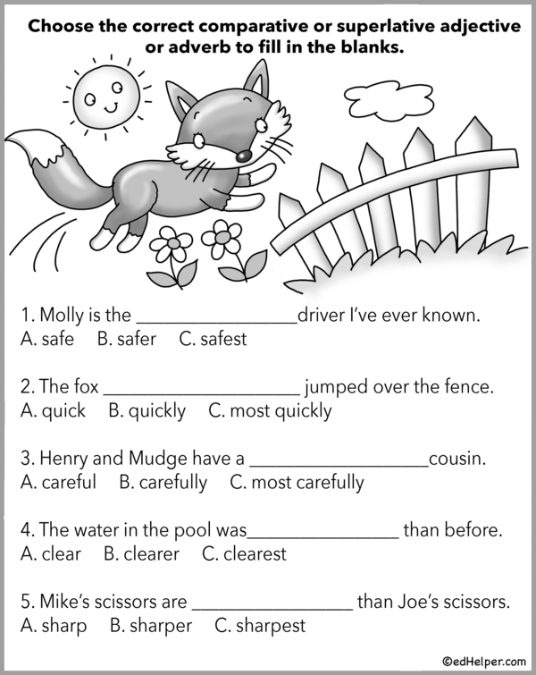 Challenge worksheet for practicing comparative and superlative adjectives in writing skills Third grade students working on a worksheet about comparative and superlative adjectives