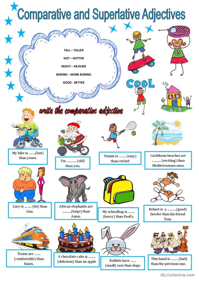 Challenge worksheet for writing comparative and superlative adjectives in third grade Third grade students completing a worksheet on comparative and superlative adjectives
