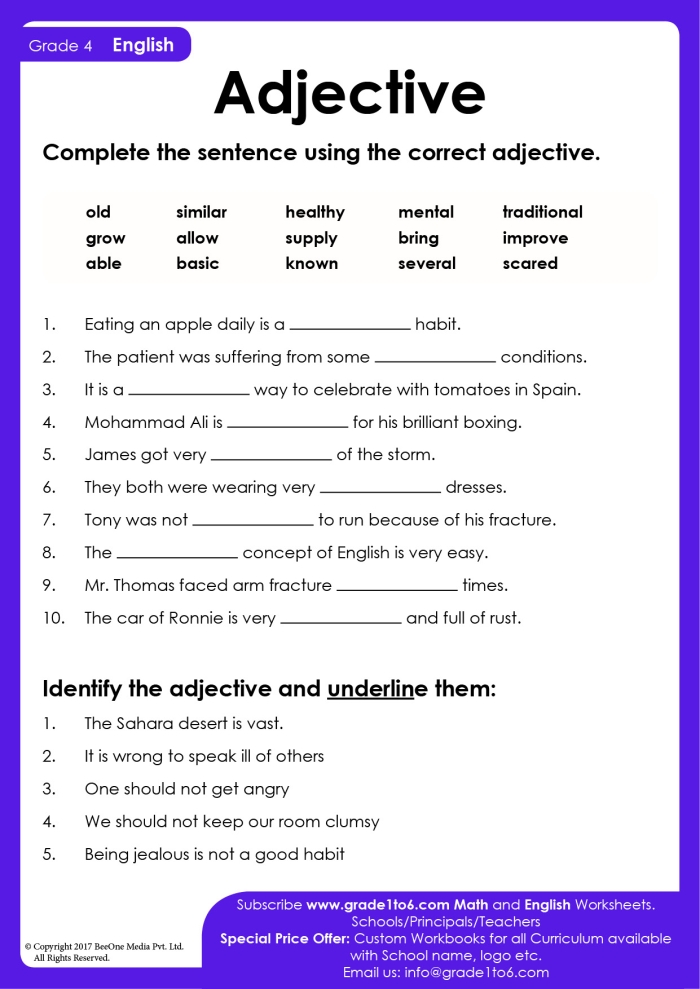 Fun grammar resource for students to practice identifying adjectives in context Adjectives worksheet for third graders focusing on grammar skills in geometry
