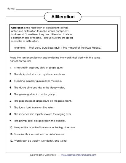 Spring poetry alliteration exercise for third graders featuring Casey at the Bat Third grade worksheet focusing on identifying alliteration in the poem Casey at the Bat
