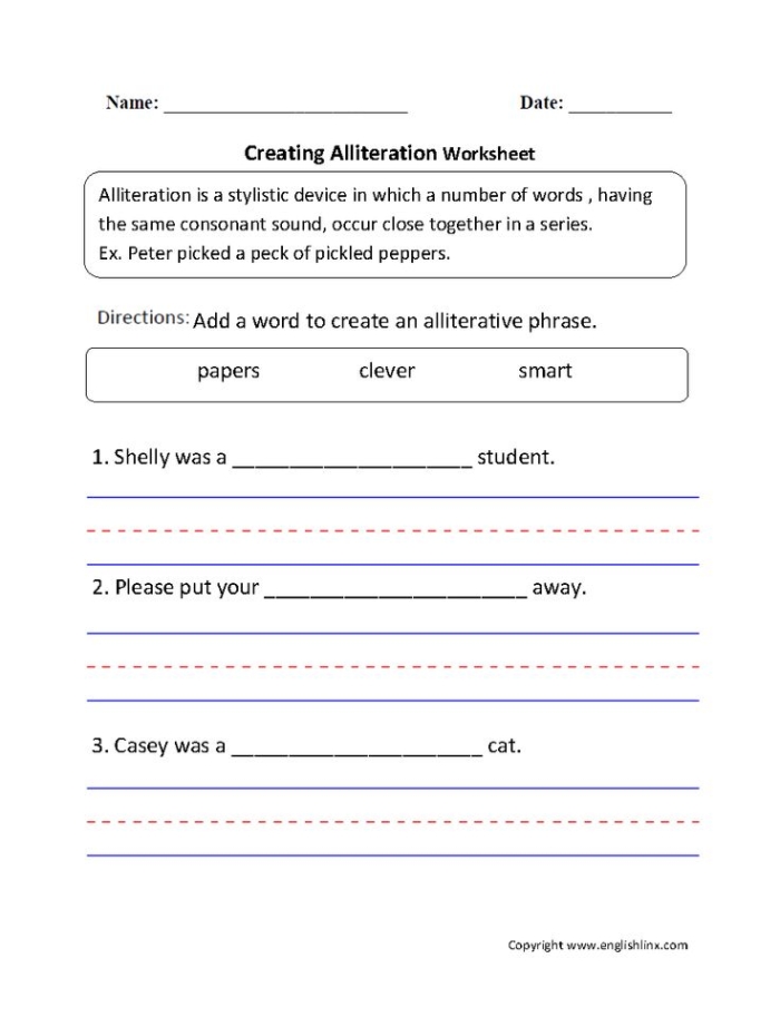 Discovering repeated sounds with the Alliteration in Poetry worksheet for third graders Third grade students identifying alliteration in the poem Casey at the Bat during a spring-themed writing activity