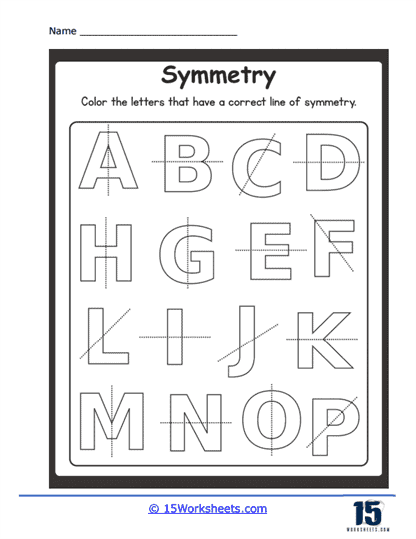 Third grade Alphabet Symmetry worksheet showing letters with lines of symmetry for a fun geometry and grammar activity