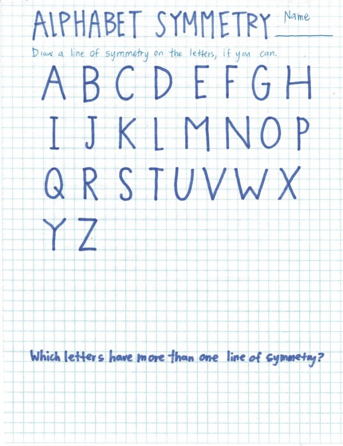 Third grade Alphabet Symmetry worksheet showing letters with lines of symmetry for a fun geometry activity