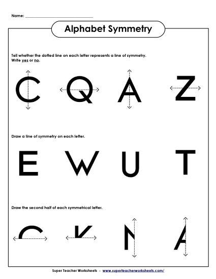 Third grade students practicing lines of symmetry with letters on an Alphabet Symmetry worksheet