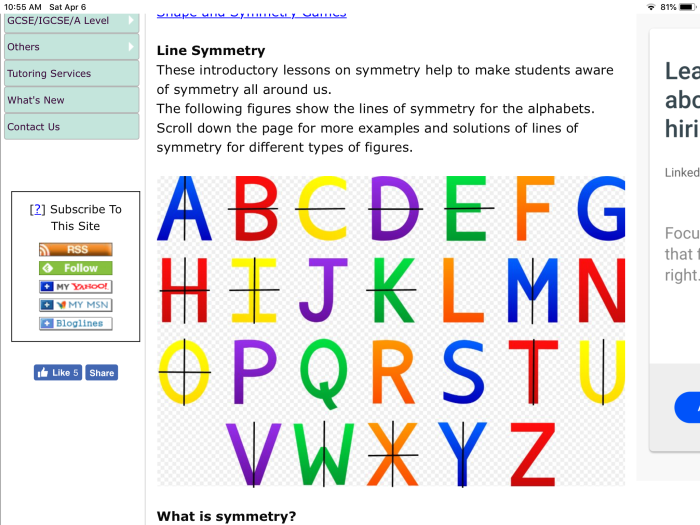 Third grade students completing an Alphabet Symmetry worksheet identifying lines of symmetry in letters