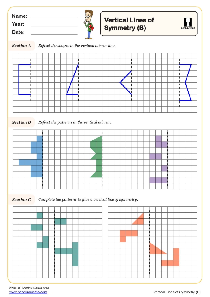 Third grade Alphabet Symmetry worksheet showing letters with drawn lines of symmetry