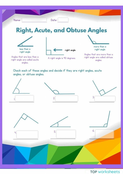 Third grade angles worksheet focused on angle identification skills Worksheet for identifying right, acute, and obtuse angles in third grade geometry