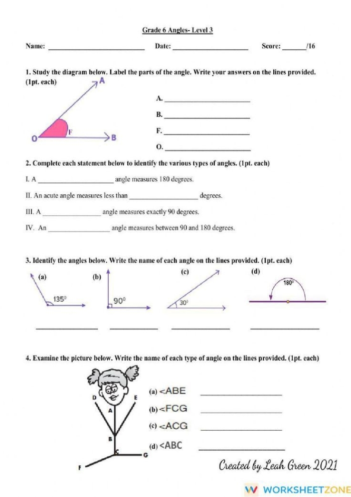 Third grade geometry worksheet on angle identification Worksheet for identifying right, acute, and obtuse angles for third graders