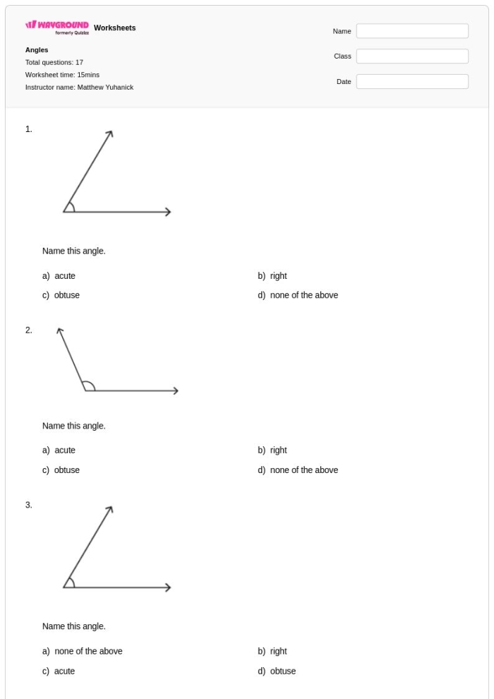 Third Grade students identifying and counting angles on two-dimensional shapes in a math worksheet