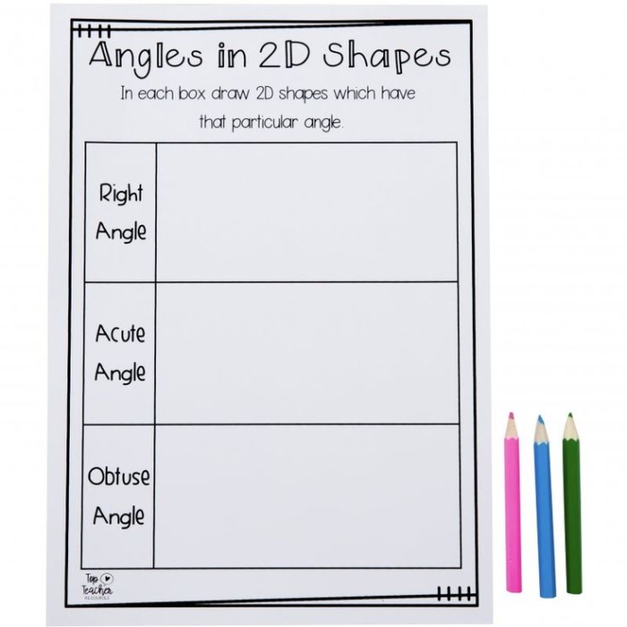 Third grade students practicing angles in various two-dimensional shapes on a worksheet