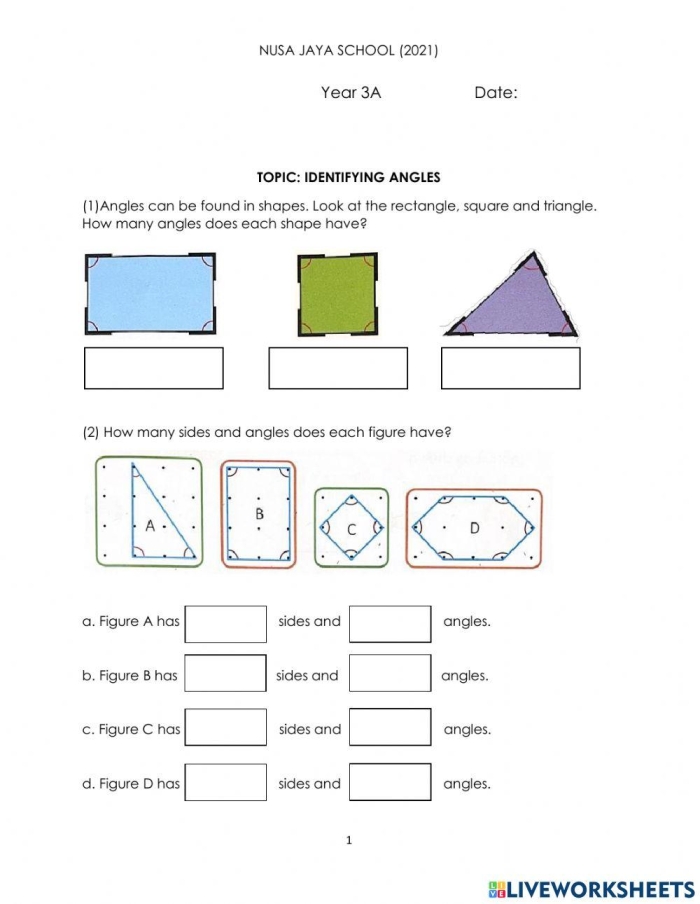 Third Grade Geometry Worksheet: Identifying Angles Practice Worksheet for third graders on identifying angles including right, acute, and obtuse types