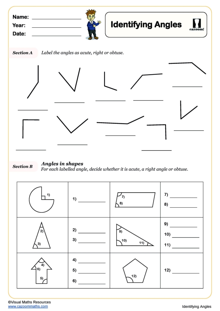 Identifying Angles worksheet for third grade geometry practice Worksheet for third graders focusing on identifying right, acute, and obtuse angles
