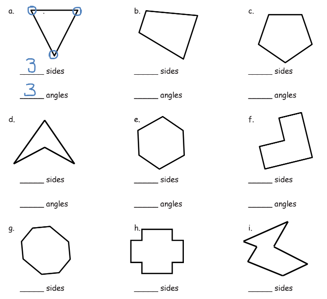 Third Grade students practicing angles in various 2D shapes on a worksheet