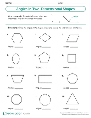 Third grade students working on angles in various two-dimensional shapes in a math worksheet