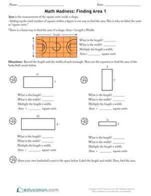Math Madness Finding Area worksheet for third graders celebrating basketball and measurement skills 24 Third Grade students calculating the area of basketball courts in a March Madness themed worksheet