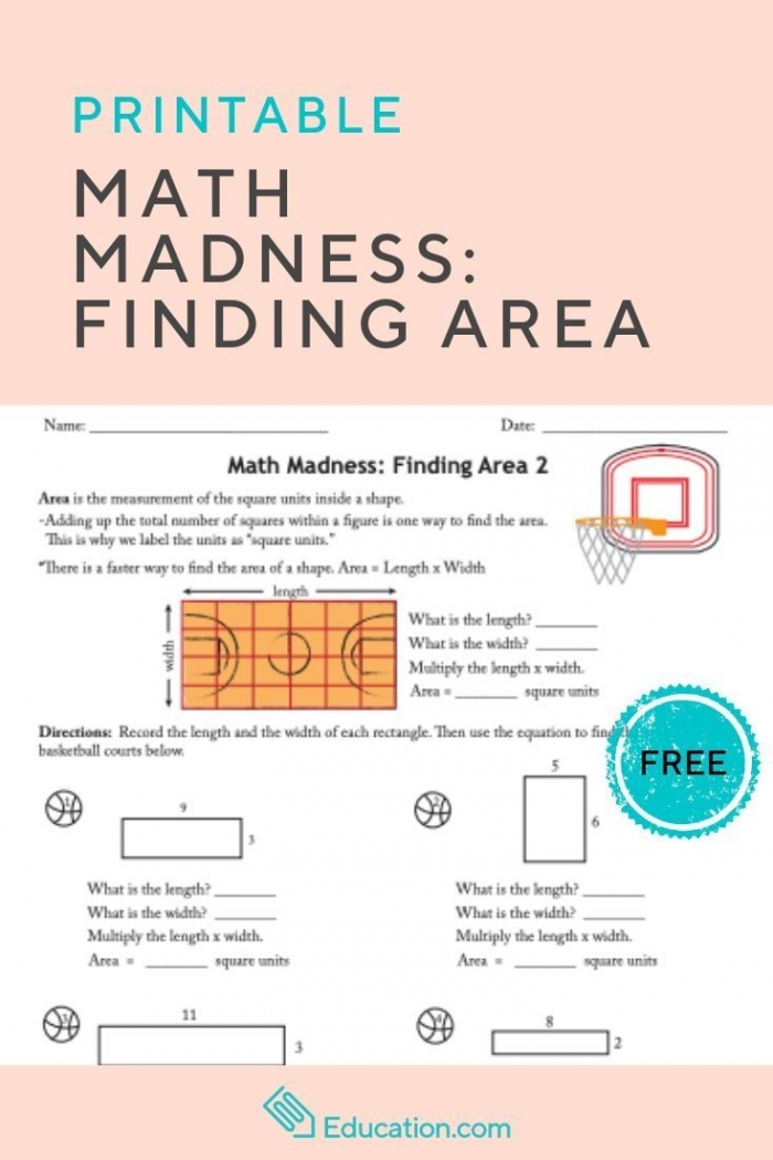 Math Madness Finding Area 2 worksheet for third graders with basketball court activities Third Grade students calculating the area of basketball courts in Math Madness worksheet 15