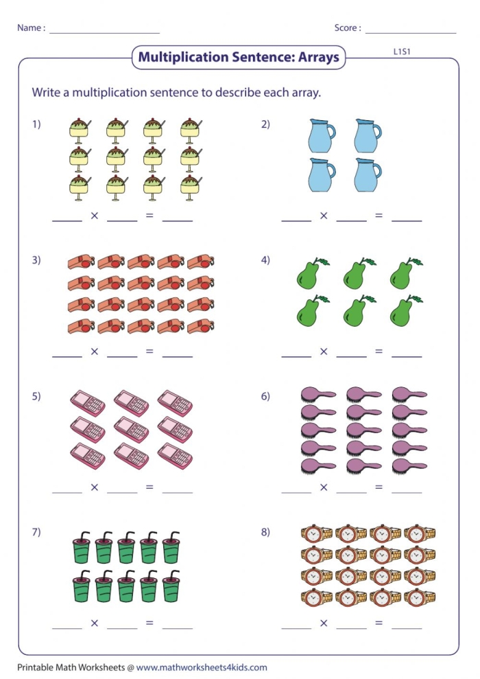 Array Multiplication Part One exercise with multiplication sentences on page 15 Third Grade worksheet showing arrays with rows and columns for multiplication practice
