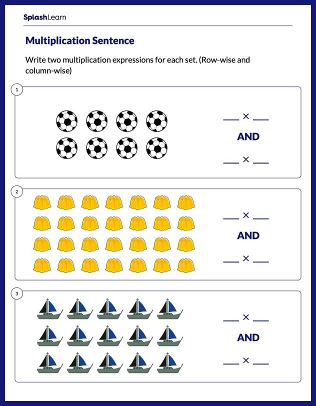 Array Multiplication Part One exercise for recording rows, columns, and writing multiplication sentences Third Grade worksheet showing arrays with rows and columns to practice multiplication