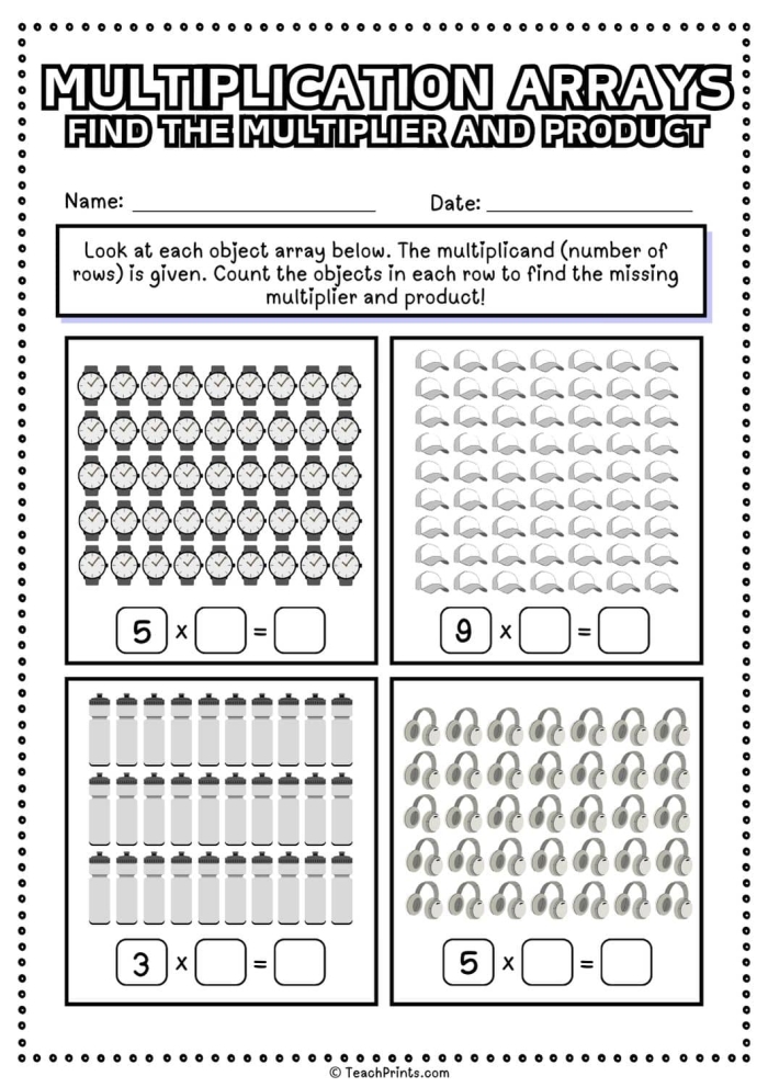 Exercise 23 for array multiplication with instructions to count rows and columns and write multiplication equations Third grade worksheet showing arrays with rows and columns to practice multiplication sentences