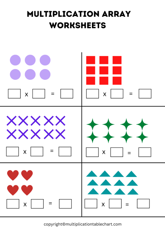 Array multiplication practice worksheet for grade three students with rows and columns to count Third grade worksheet showing arrays with rows and columns to practice multiplication sentences