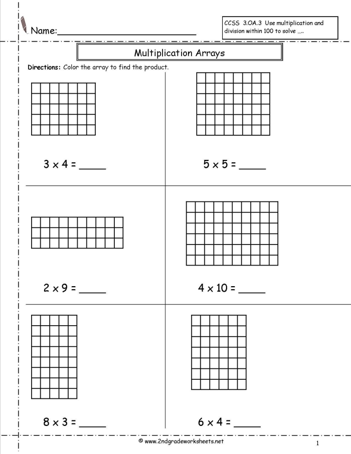 Array multiplication exercise for third graders with multiplication sentences, image 5 Third Grade worksheet showing arrays with rows and columns for multiplication practice