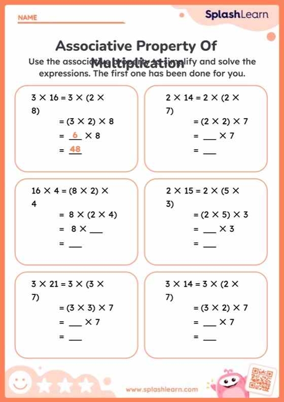 Third grade multiplication worksheet focusing on the associative property with practice problems