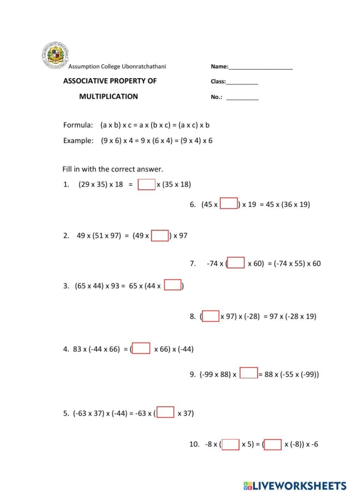 Worksheet featuring multiplication problems to explore the associative property for third graders
