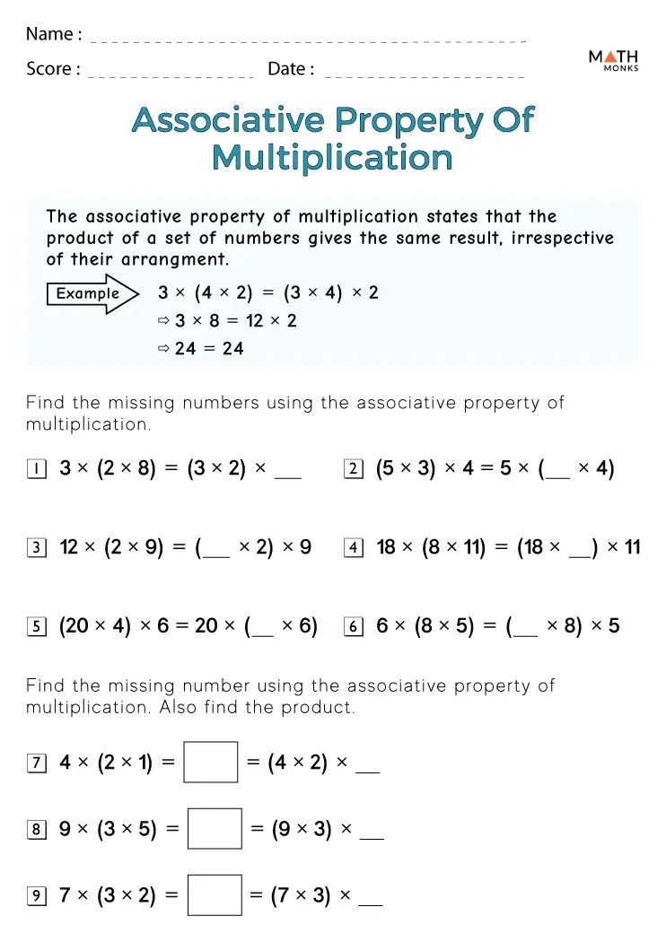 Third grade multiplication worksheet demonstrating the associative property with practice problems