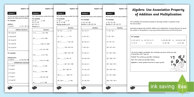Worksheet featuring multiplication problems demonstrating the associative property for third graders