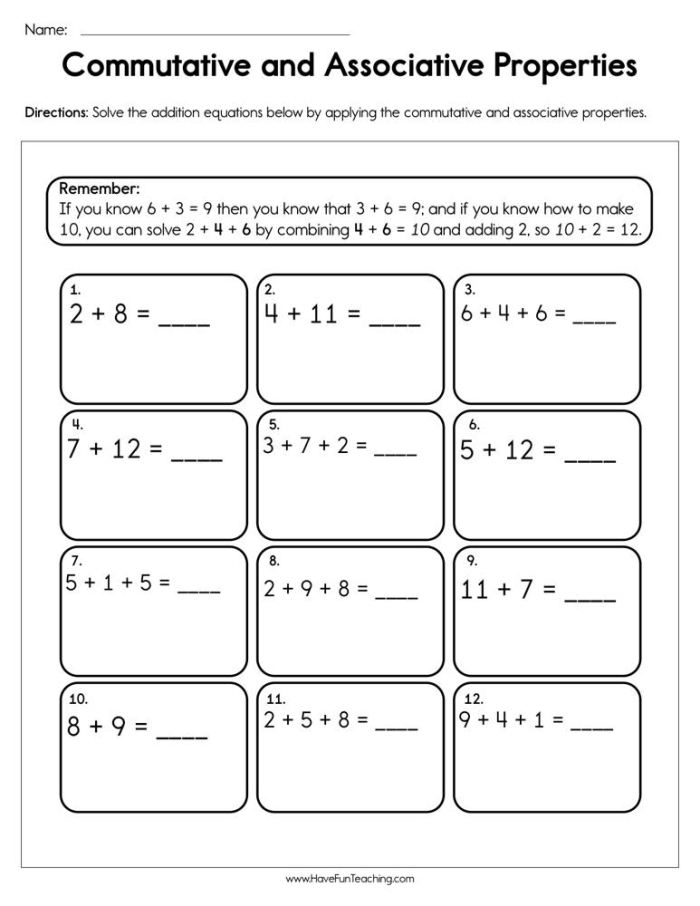 Worksheet featuring multiplication problems focused on the associative property for third graders
