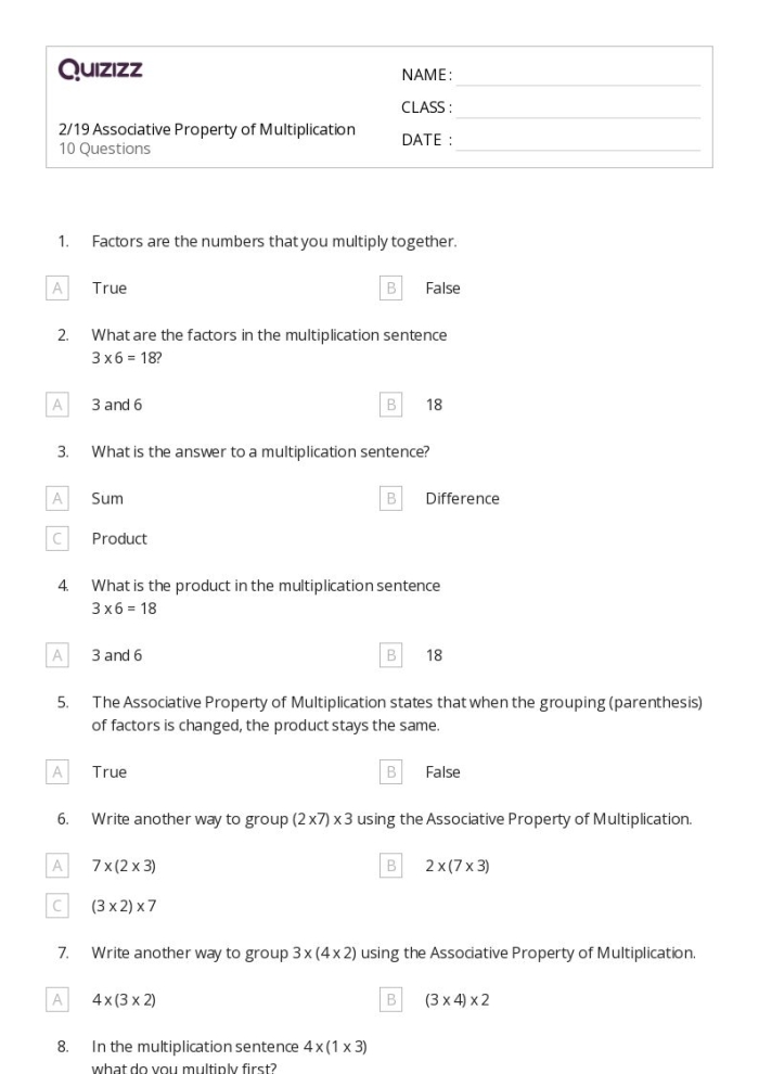 Worksheet featuring multiplication problems demonstrating the associative property for third graders