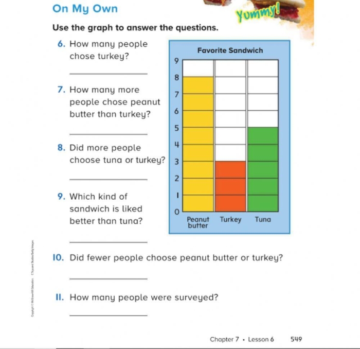 A third grade student practicing bar graph skills by reading data about runners and answering math questions on a worksheet