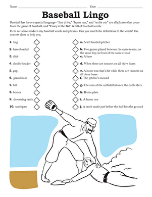 Engaging worksheet to test baseball terminology knowledge in a fun way Baseball lingo vocabulary matching worksheet for third graders' geometry lessons