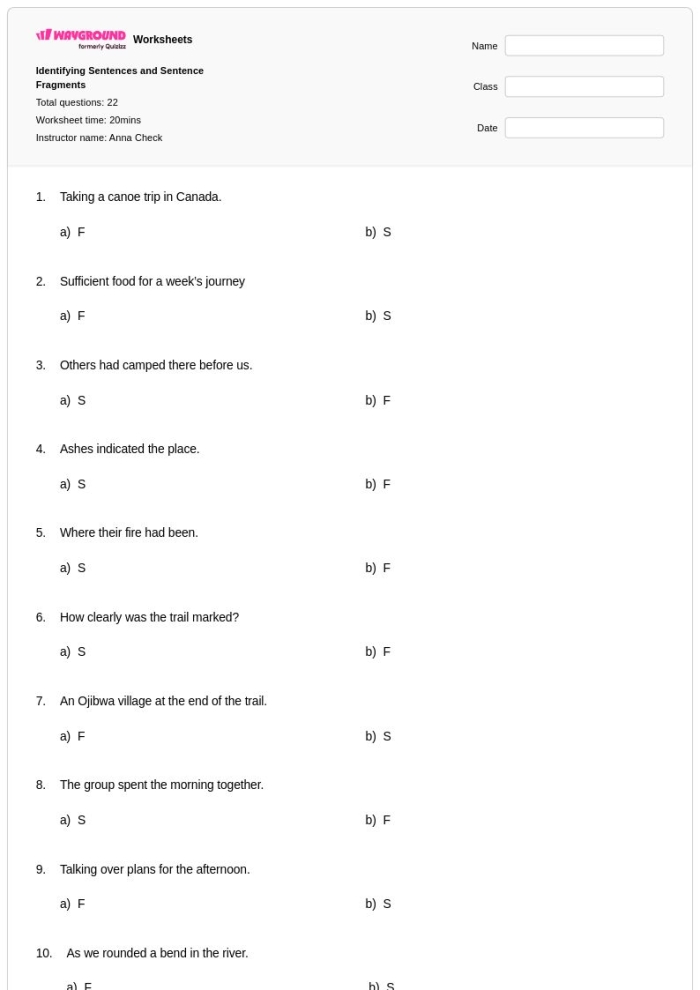 Third-grade students practicing grammar with the Identifying Sentences: At the Beach! worksheet