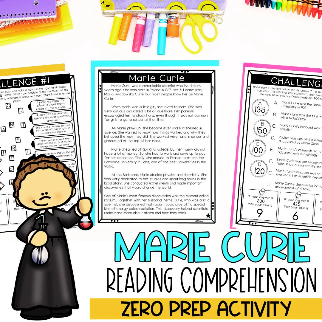 Educational resource highlighting the first female Nobel Prize winner, Marie Curie Marie Curie worksheet for third graders focusing on her contributions to science and history