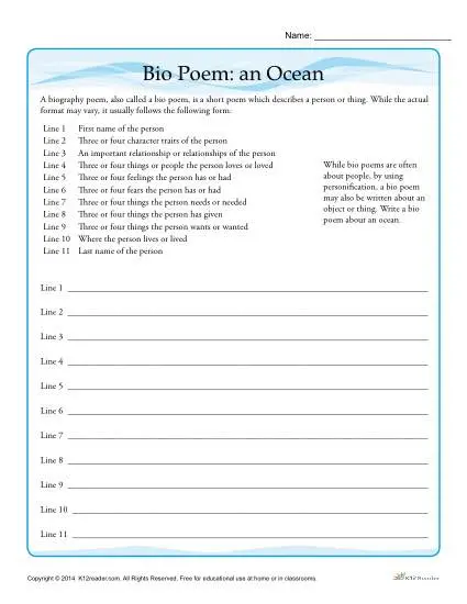 Third grade Bio Poem Template worksheet featuring Thelonious Monk example and poem prompts