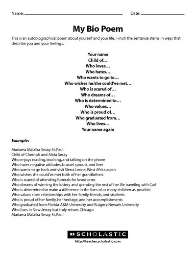 Third grade bio poem template worksheet featuring jazz musician Thelonious Monk as an example