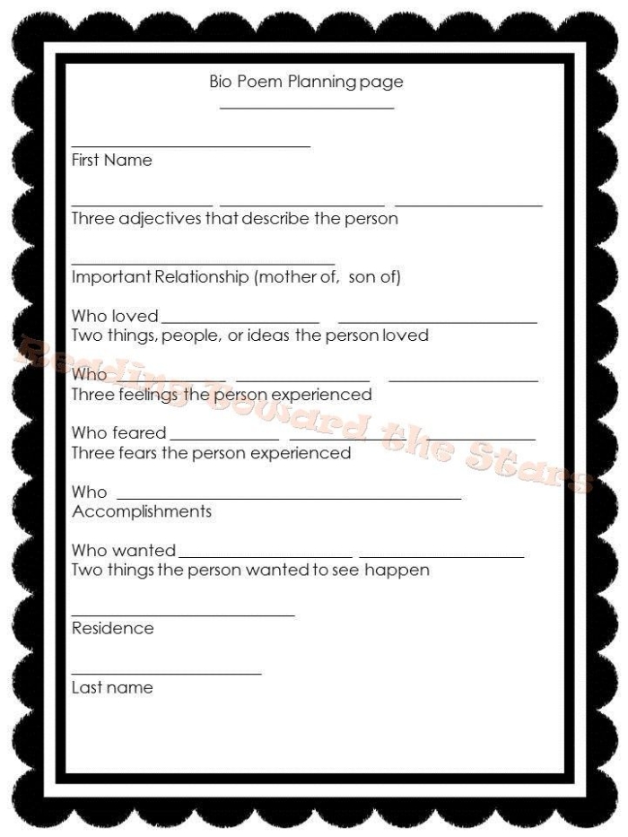 Third grade Bio Poem Template worksheet featuring a jazz musician example and poem prompts