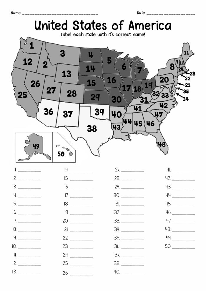 Third grade geography worksheet showing a blank U.S. map with state outlines where students match state names like New York, Illinois, and South Carolina to their correct locations