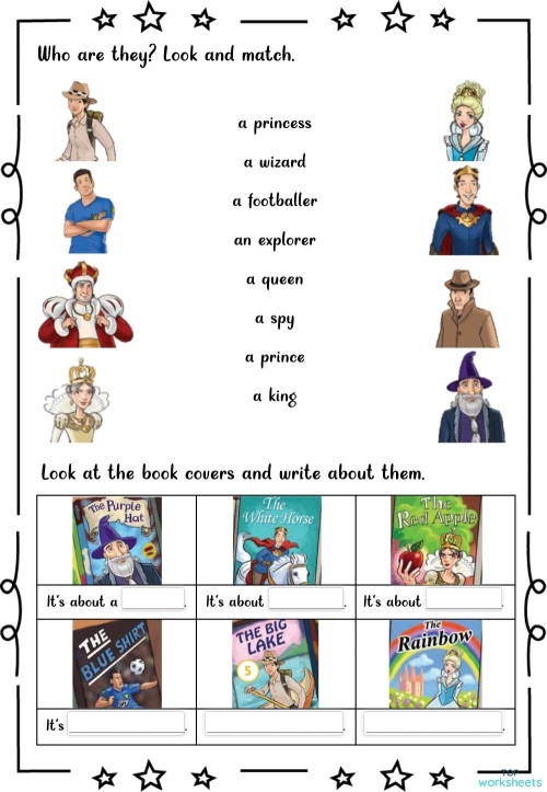 Engaging worksheet image for helping children analyze characters in their book reports Book Characters worksheet for third graders focused on understanding book characters and fractions
