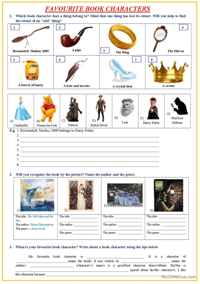 Worksheet image featuring characters from a book for students to analyze and report on Illustration of a Book Characters worksheet designed for third graders focusing on fractions