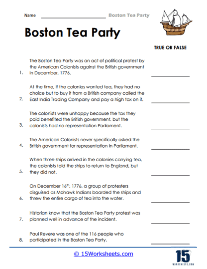 Third grade worksheet on the Boston Tea Party highlighting sequence of historical events